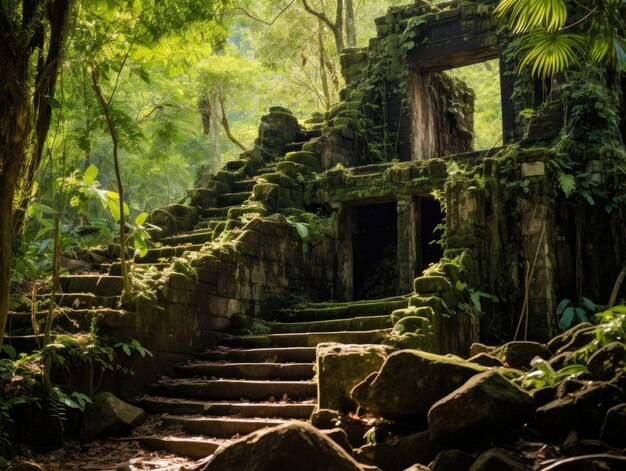 Ruínas de um antigo templo no meio da floresta tropical