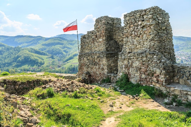 Ruínas do castelo medieval em Rytro perto de Piwniczna Zdroj em Beskid Sadecki na Polônia
