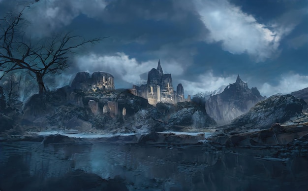 Ruínas do castelo medieval no penhasco nas montanhas Fantástica paisagem mágica das montanhas ao pôr do sol Velho castelo no conto de fadas do país das fadas ilustração 3d