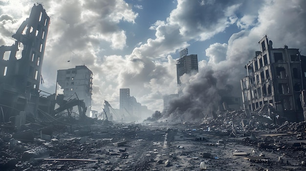 Ruínas em uma cidade desolada transformada em um marco de guerra após um ataque de bombardeio