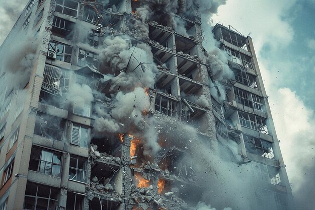 Ruinas y humo de un edificio de gran altura en la ciudad por una explosión de cohete