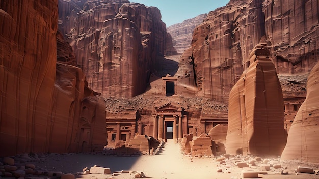 Las ruinas de petra están rodeadas por una pared rocosa.