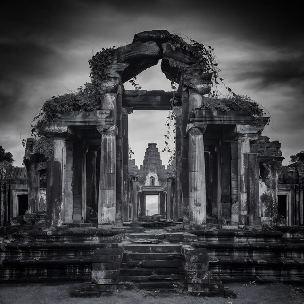 Foto ruinas de un templo en blanco y negro