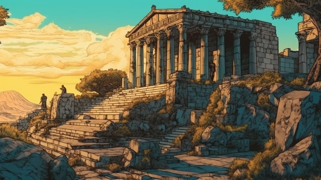 Ruinas y templos griegos antiguos Concepto de fantasía Ilustración pintura