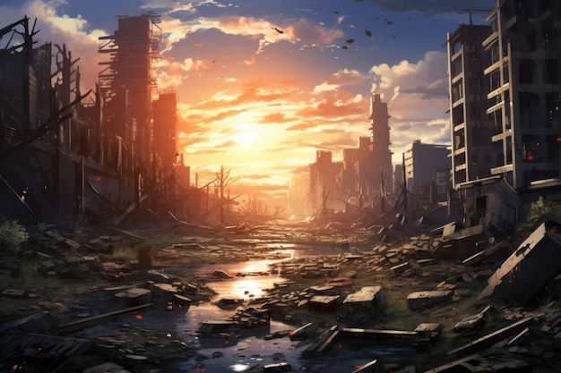 Ruined city sunset anime visual novel jogo Invasão desastre Gerar Ai