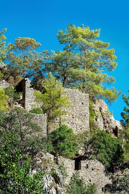 Ruinen der antiken Festungsmauern an bewaldeten Berghängen in der antiken Stadt Olympos, Türkei