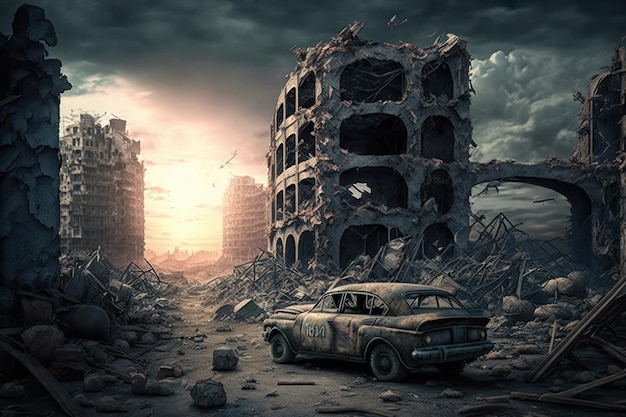 Ruinen einer Stadt, die während des dritten nuklearen Weltkriegs völlig zerstört wurde, nebliger Himmelshintergrund
