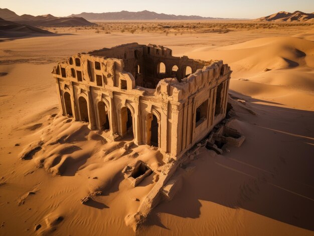 Ruinen eines alten Tempels zwischen goldenen Dünen in einer heißen Wüstenluftaufnahme in großer Höhe