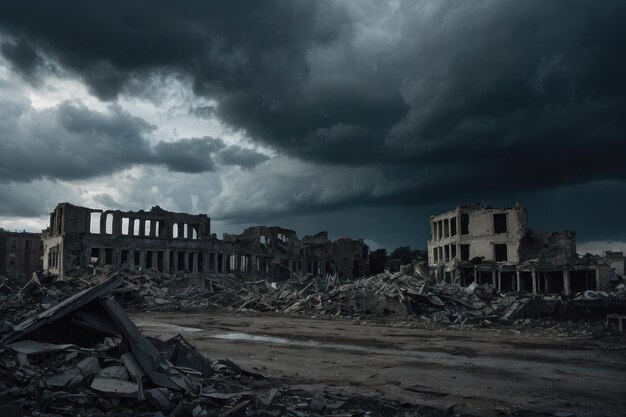 Ruinen eines alten zerstörten Gebäudes unter stürmischem Himmel