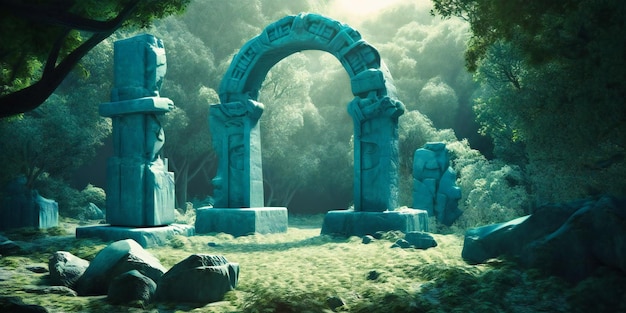 Ruinen und Bäume durch ein Portal inmitten eines üppig grünen Waldes