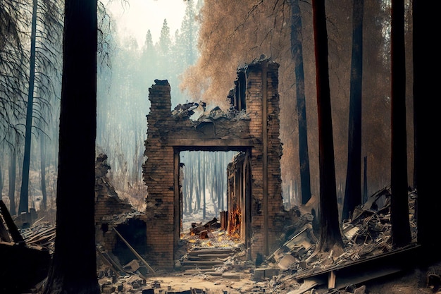 Ruinen und Trümmer, die nach einem katastrophalen Brand im brennenden Haus zurückgelassen wurden