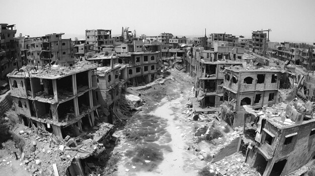 Ruiniertes Stadtpanorama nach massivem Bombenangriff Hochwertigkeitsbild in Schwarz-Weiß