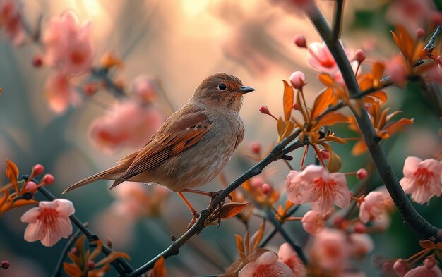 El ruiseñor se alza en una rama en medio de las flores rosadas de un albaricoque cantando la serenata de la primavera