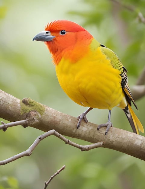 Ruiva Tanager em um galho Um pássaro com cabeça vermelha e penas amarelas está sentado em um galho