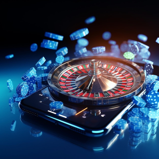 ruleta de casino tumbada en el teléfono con el telón de fondo de fichas de póquer azules