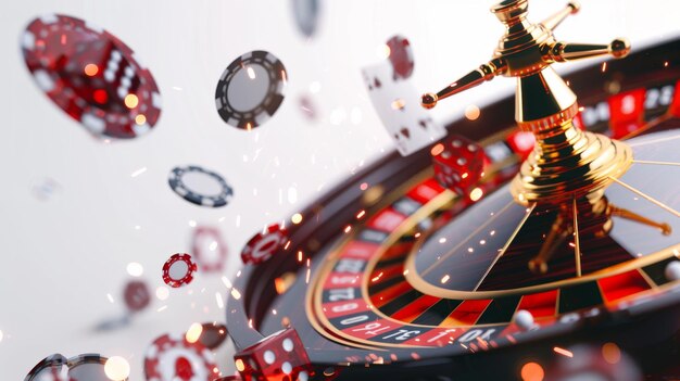 Foto la ruleta se centra en la escena del casino con fichas de dados