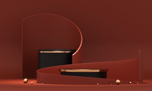 Runde 3D-Rendering-Podestgeometrie mit roten und goldenen Elementen.