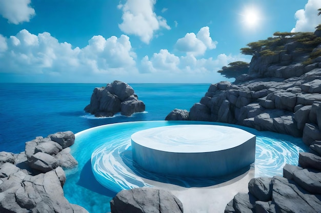 Runde blaue Rock-Podium-Komposition mit Felsen am welligen Ozean, hyperrealistischen Materialien