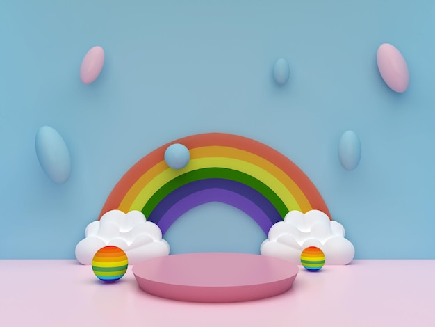 Runde Bühnenpodeste mit Regenbogen auf pastellblauem Hintergrund Sockel für Kinderproduktpräsentation Geometrisches 3D-Rendering