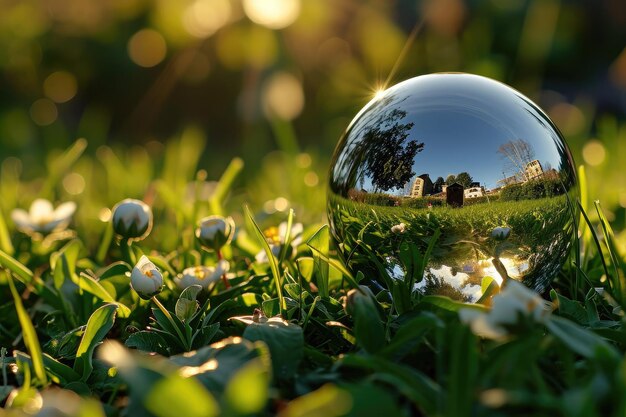 Foto runde glaskugel mit reflexion der ländlichen landschaft auf grünem gras