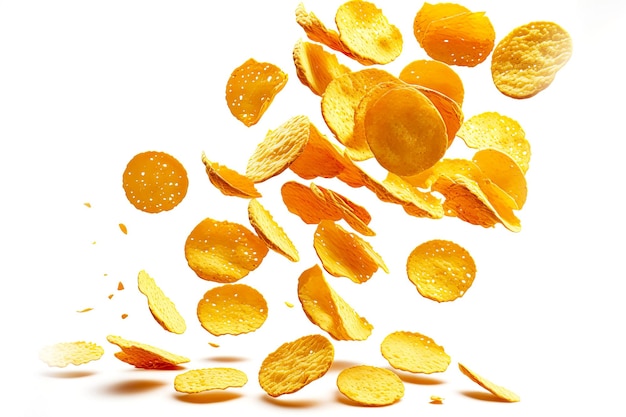 Runde goldene Kartoffelchips, die zu den Seiten fliegen, die auf weißem Hintergrund lokalisiert werden