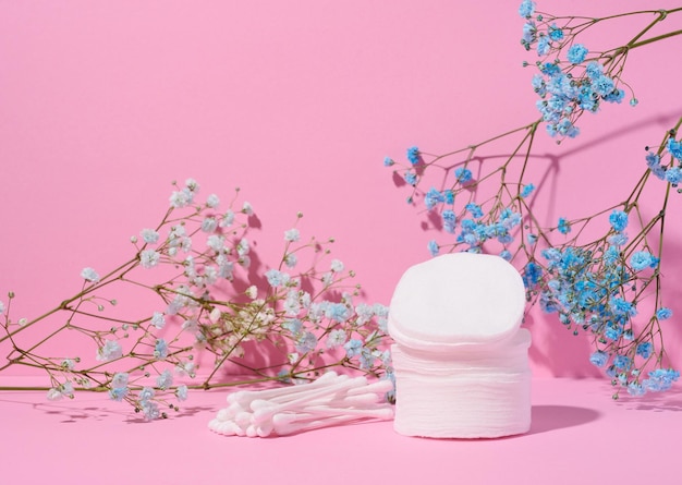Runde Kosmetikpads aus Baumwolle und Wattestäbchen auf rosa Hintergrund