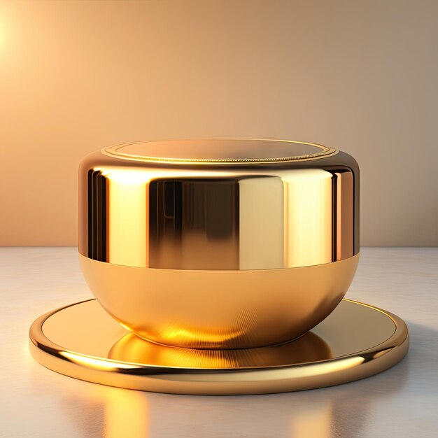 Runde leere glänzende Bronze-Gold-Podium-Tisch im Sonnenlicht auf cremefarbenem Rechteck geometrisch geprägtem Muster