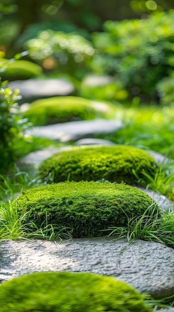 Runde Moossteine in einem ruhigen Garten