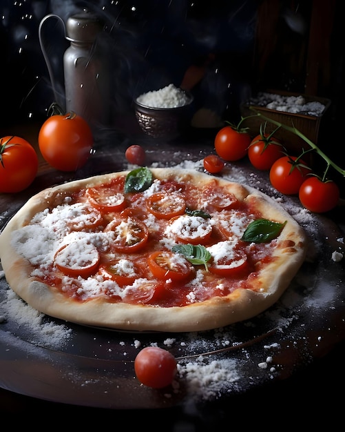 Runde Pizza mit Käse, Schinken, Basilikum, Tomaten und Gewürzen. Rund um die Dekoration mit Gemüse und Gewürzen. Seitenansicht