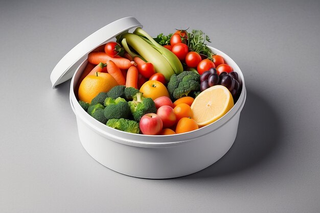 Runde Schachtel-Mockup mit Gemüse und Obst für Takeaway-Lebensmittel