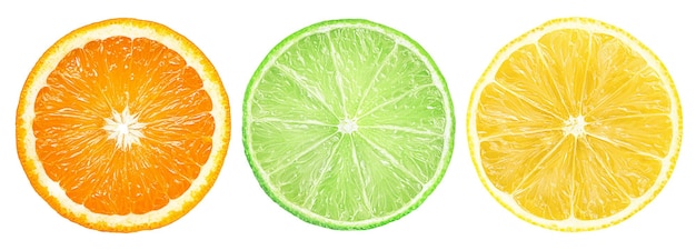 runde Scheibe orangefarbener Limette und Zitrone auf weißem isolierten Hintergrund