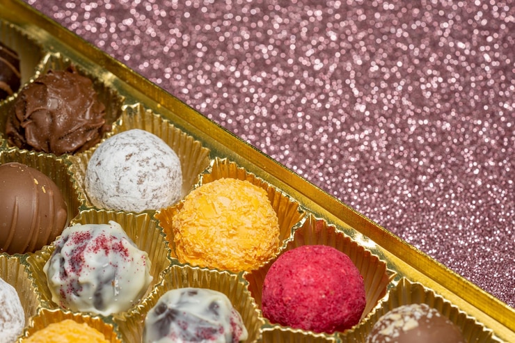 Foto runde schokolade in einer goldenen schachtel