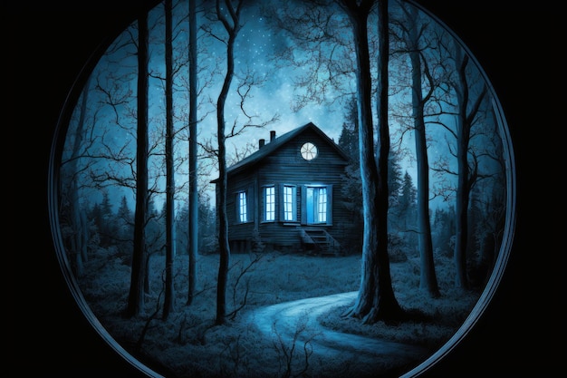 Runde schwarzblaue Veranda im Horrorhaus vor dem Hintergrund des dunklen Waldes