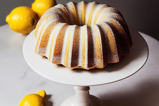 Runder hausgemachter Zitronenkuchen auf Sockel mit Zitrusfrüchten