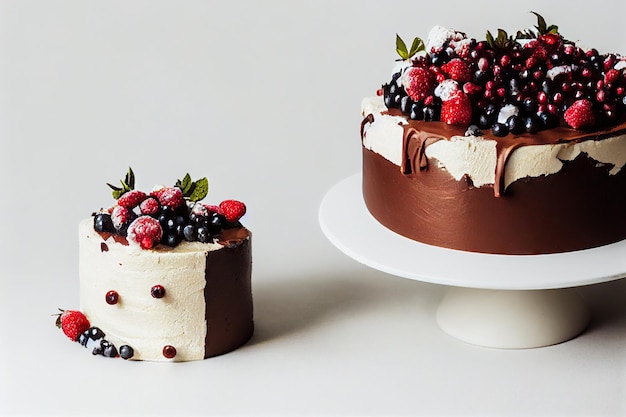 Runder köstlicher Obstkuchen, dekoriert mit Schokoladencreme und Beeren