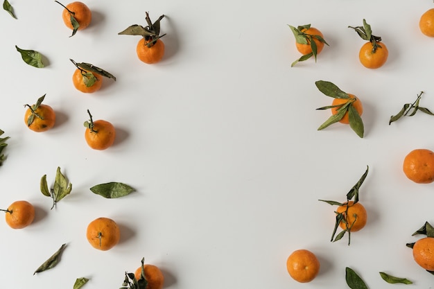 Runder Rahmen mit leerem Kopienraum aus rohen Orangen, Mandarinenfrüchten mit grünem Blattmuster auf Weiß