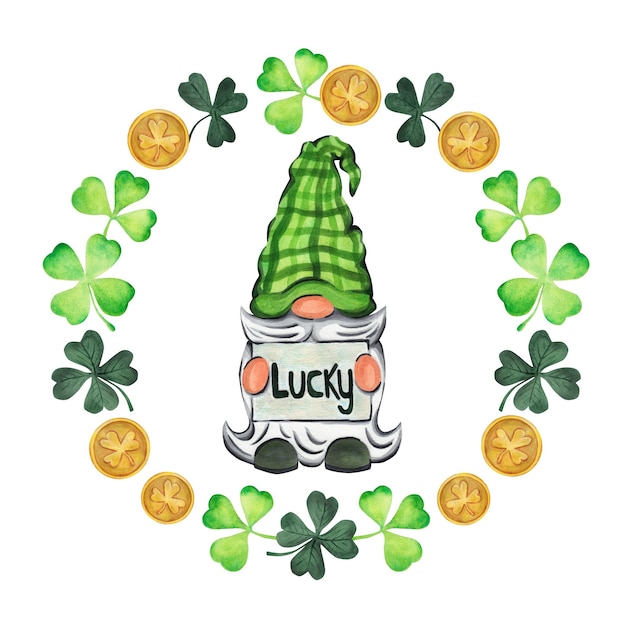 Runder Rahmen St. Patrick's Day Goldmünze und Kleeblatt Aquarell-Illustration