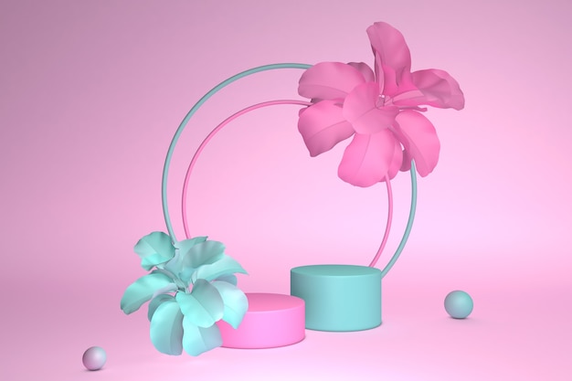 Runder Sockel des Pastellhintergrunds des 3D-Renderns, verziert mit rosa Frühlingsblumen