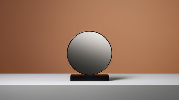 Runder Spiegel auf einem Raum, trendiger minimalistischer Hintergrund, horizontaler Kopierraum, generative KI