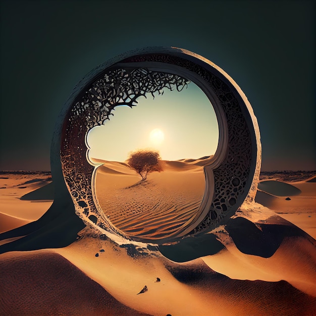 Runder Spiegel in der Wüste mit Sanddünen und Sonnenuntergang 3D-Rendering