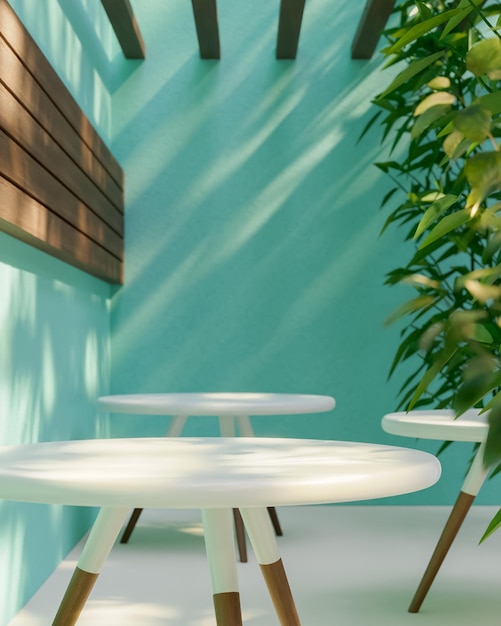 Runder Tisch Podium für Produktplatzierung auf einem gemütlichen tropischen Teal Hintergrund Restaurant 3D-Render