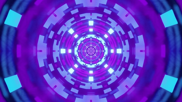 Runder Tunnel mit violettem geometrischem Ornament, das mit hellem Neonlicht glüht