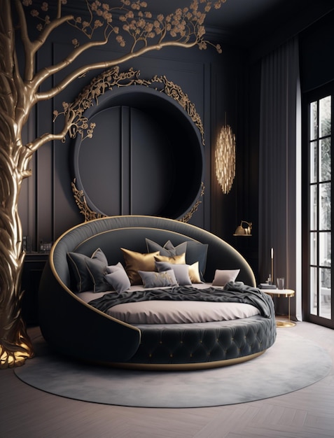 Rundes Arafed-Bett mit rundem Kopfteil und Kissen in einem Zimmer mit generativer KI