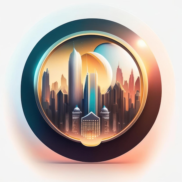 Rundes Logo mit futuristischer Stadt in weichen Farben Generative KI