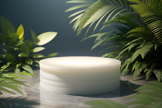 Rundes Marmorpodium im tropischen Wald für Produktpräsentation und grüne Wand Generative 3D-KI für natürliche Schönheitsprodukte, Parfums, Kosmetikmodelle
