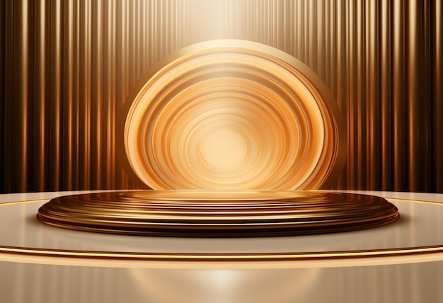 Rundes Marmorpodium mit goldenen goldenen Vorhängen und goldenem Vorhanghintergrund im Stil der kreisförmigen Abstraktion, Industrie- und Produktdesign, hellweiß