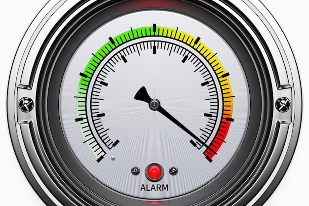 Rundes Messgerät mit Metallrahmen und Alarmanzeige Unterschiedliche Anzeige 3D-Darstellung isoliert auf weißem Hintergrund