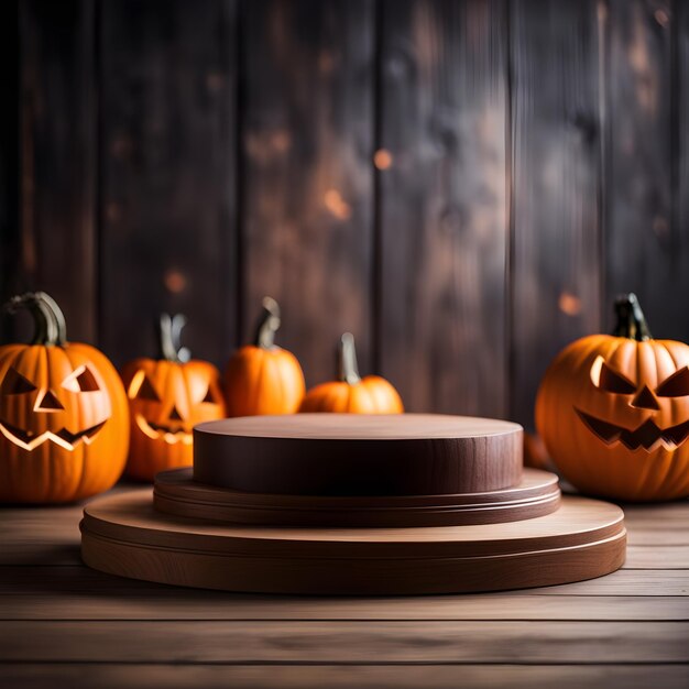 Rundes Podium auf Holztisch mit verschwommenem Halloween-Hintergrund Ai Generated