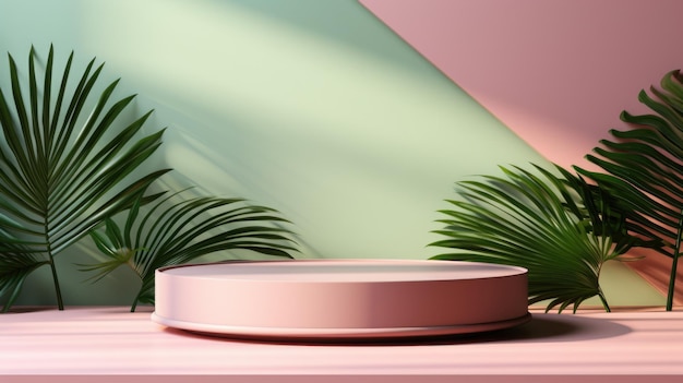 Rundes Podium Geometrisch rosa Produkt-Display-Piedestal mit Palmblättern auf weichem Hintergrund Rosa Podium