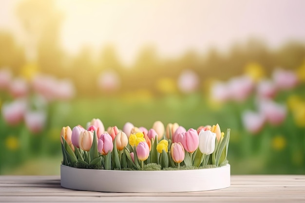 Rundes Podium mit Mini-Tulpenstrauß auf frühlingshaftem Hintergrund, erstellt mit generativer KI